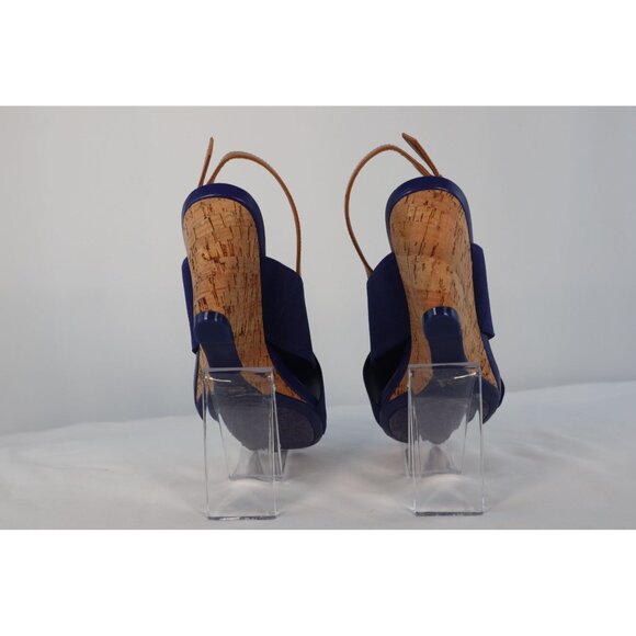 Isaac Mizrahi Navy Blue Cork Wedge Sandals with Adjustable Tan Strap - Size 7W - Picture 4 of 9